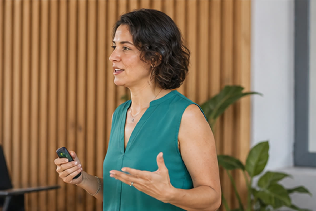 Profesional latina facilitando una experiencia de aprendizaje